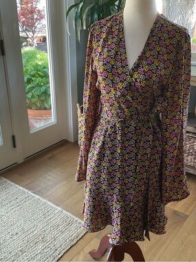 A.L.C. Floral Wrap Mini Dress in Black, Pink & Yellow